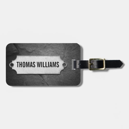 gekraakte zwarte steentextuur met metaal label bagagelabel (Voorkant horizontaal)