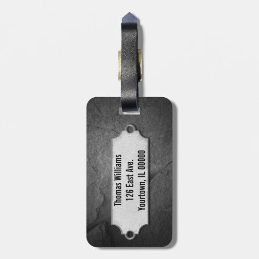 gekraakte zwarte steentextuur met metaal label bagagelabel (Achterkant verticaal)