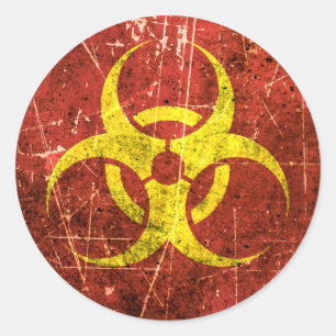 Gekrast en versleten geel en rood biohazard symboo ronde sticker