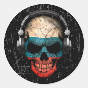 Gekraste Russische DJ Skull met Hoofdtelefoon Ronde Sticker