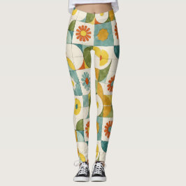 Gekromde lijnen, cirkels, gestileerd bloempatroon leggings