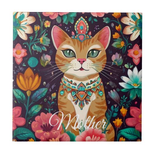 Gekroonde Bejewelde Kat Tegeltje (Voorkant)