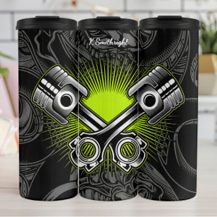 gekruiste zuigers industrieel mechanisch embleem thermosbeker