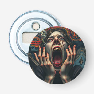 Gekwelde vrouw die schreeuwt button flesopener