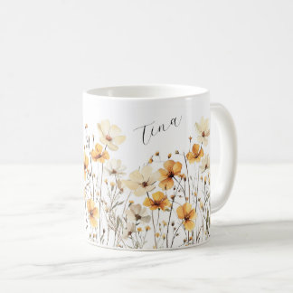 Gelbe Wildblumen Wiese Keramik Tasse mit Namen Koffiemok