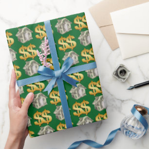 Geld huizen en gouden dollar borden cadeaupapier