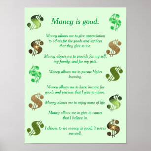 Geld is goed, positieve uitspraken dollarsymbolen poster