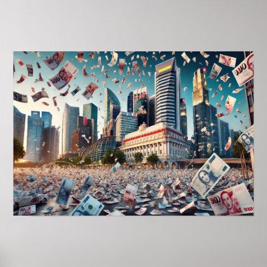 Geld regent boven het financiële centrum van Singa Poster (Voorkant)