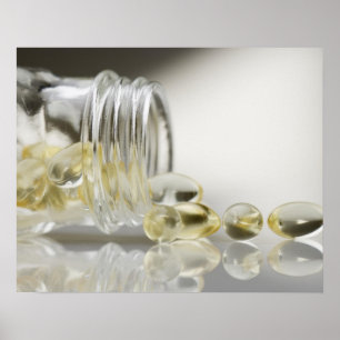 Geldoppen die uit de glazen fles komen poster