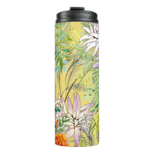 Gele achtergrond Bloemen Waterverf Patroon Thermosbeker