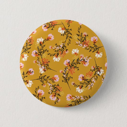 Gele achtergrondbloemen ronde button 5,7 cm (Voorkant)