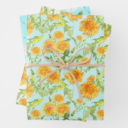 Gele andelions en Dandelion Fluff Inpakpapier Vel (In situ)