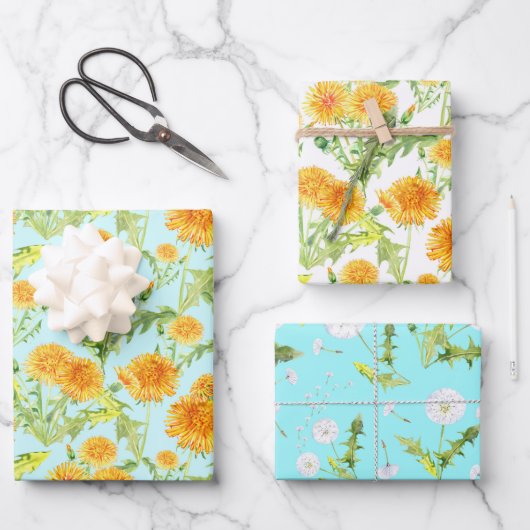 Gele andelions en Dandelion Fluff Inpakpapier Vel (Voorkant)