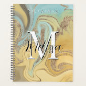 Gele Aqua Gold Modern Monogram Abstracte Planner (Voorkant)