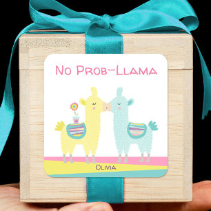 Gele aqua lama's kussen cute kawaii naam school vierkante sticker