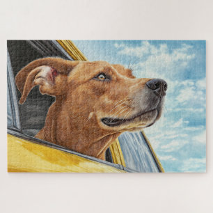 Gele auto met blije hond kunstprint legpuzzel
