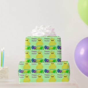 Gele Baby Chick Blue Stripe Paaseieren Cadeaupapier