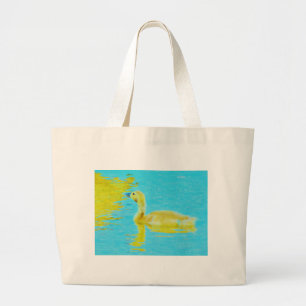 Gele Baby gans met lichtblauw water Grote Tote Bag