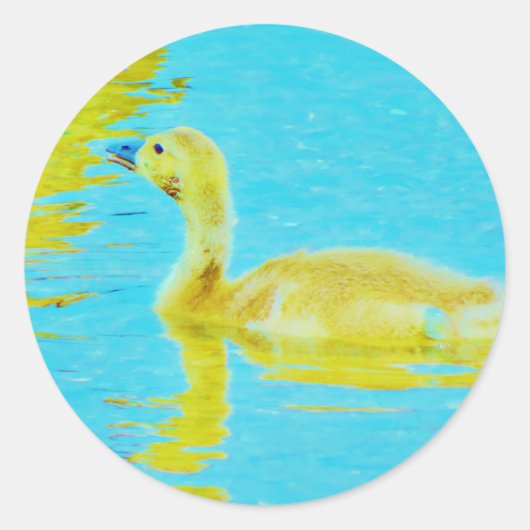 Gele Baby gans met lichtblauw water Ronde Sticker (Voorkant)