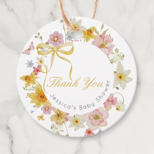Gele Baby in Bloom Bow Dank u Bedankjes Labels (Voorkant)