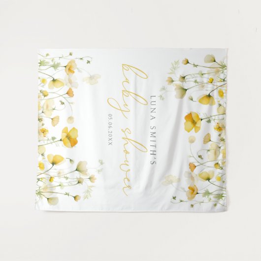 Gele Baby in Bloom Floral Baby shower Achtergrond Wandkleed (Voorkant (horizontaal))