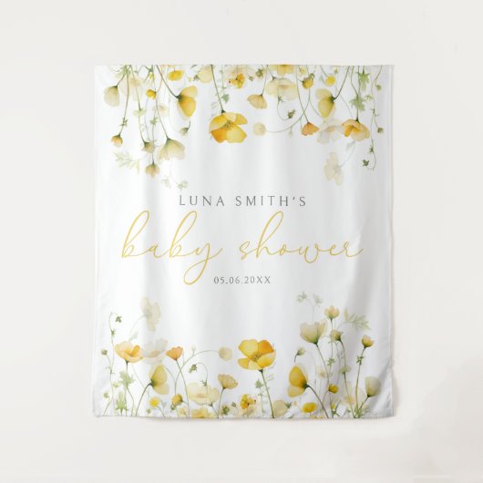 Gele Baby in Bloom Floral Baby shower Achtergrond Wandkleed (Voorkant)