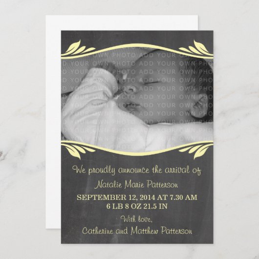 Gele Baby van Elegant Chalkboard Aankondiging (Voorkant / Achterkant)