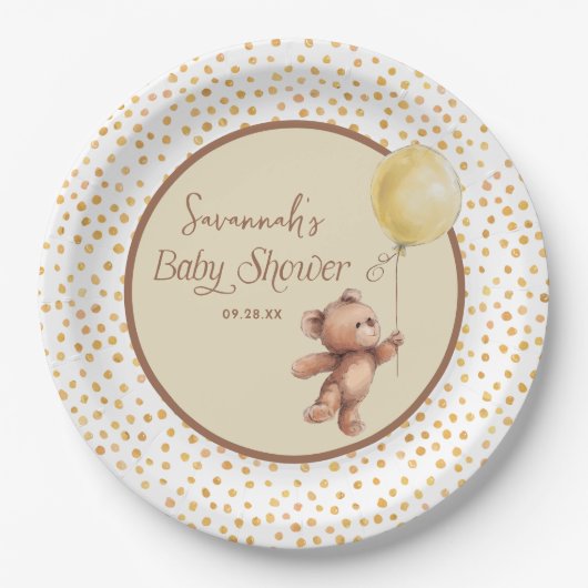 Gele ballon Teddy Bear Baby shower Papier Bord (Voorkant)