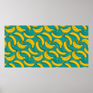 gele banaan met zwart omlijnd naadloos patroon poster