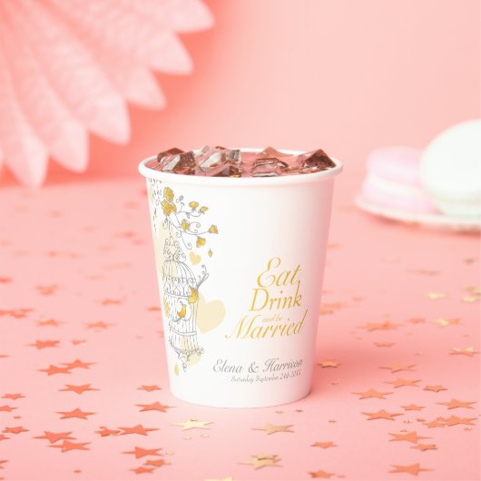 Gele berdcage bruiloft aangepaste naam grijs wit papieren bekers (Insitu)