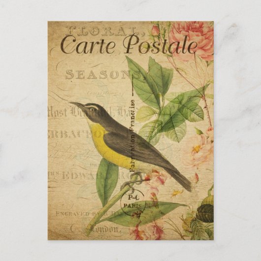 Gele Bird Flowers French Briefkaart (Voorkant)