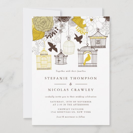 Gele Birdcages Floral Wedding Invitation Kaart (Voorkant)