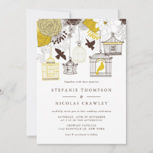 Gele Birdcages Floral Wedding Invitation Kaart
