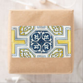 Gele blauwe Faux Geometric Tile Art Etiket (Insitu)