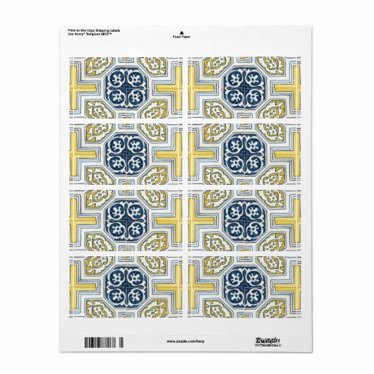 Gele blauwe Faux Geometric Tile Art Etiket (Full Sheet)