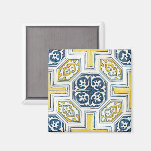 Gele blauwe Faux Geometric Tile Art Magneet