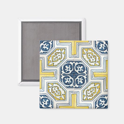 Gele blauwe Faux Geometric Tile Art Magneet (Voorkant / Achterkant)