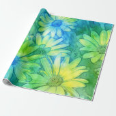 Gele Blauwe Groene Abstracte Waterverf Daisies Cadeaupapier (Uitgerold)