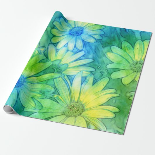 Gele Blauwe Groene Abstracte Waterverf Daisies Cadeaupapier (Uitgerold)