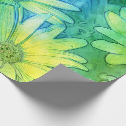 Gele Blauwe Groene Abstracte Waterverf Daisies Cadeaupapier (Hoek)