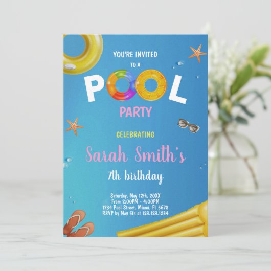 gele blauwe pool Birthday-uitnodigingen Kaart (Staand voorkant)
