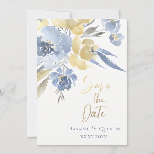 gele blauwe waterverf bloemen behalve de datum save the date (Voorkant)