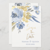 gele blauwe waterverf bloemen behalve de datum save the date (Voorkant / Achterkant)