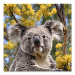 Gele bloeiende waterkokerboom met een koala, foto afdruk