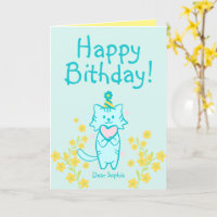 Gele Bloem&Blauwe Kat met Hoed&Hart Verjaardag