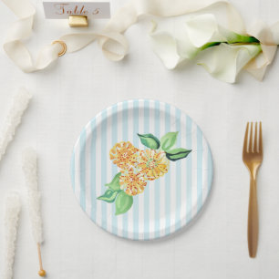 Gele bloem blauwe streep papieren bordje
