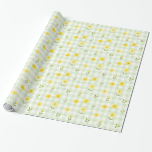 Gele Bloem Groen Gingham Watercolor Cadeaupapier
