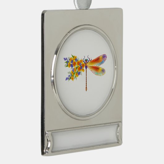 Gele Bloem Libel Verzilverd Banner Ornament (Rechts)