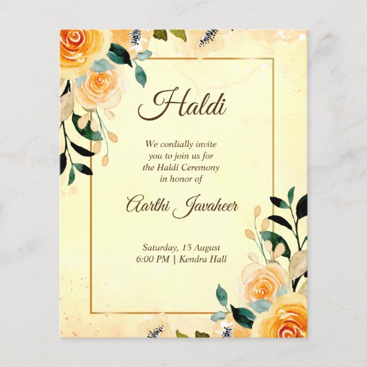 Gele bloemen begroot Haldi Pithi uitnodiging (Voorkant)