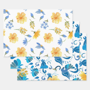 Gele bloemen blauwe tegels Italiaanse bruidsdouche Inpakpapier Vel